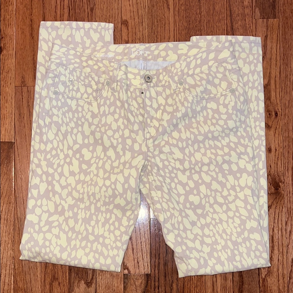 LOFT Modern Straight Yellow & Tan Deer Animal Print Pants Women’s Size 4